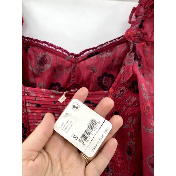 Free People S red floral smocked balloon sleeve Bodysuit - Picture 5 of 7